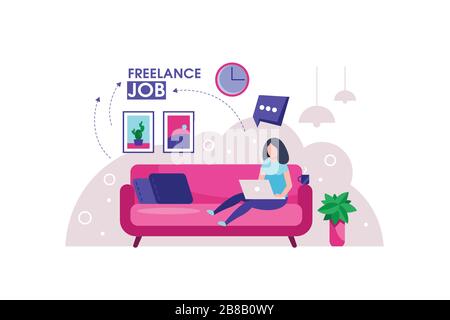 Freiberufliches Mädchen. Frau auf dem Sofa arbeitet mit Laptop, moderne freiberufliche Vorlage für Website. Freiberufler Mädchen modernes Heim-Büro-Design. Stock Vektor
