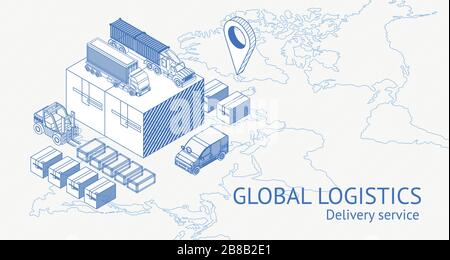 Vektordesign im Blueprint-Stil des globalen Logistik- und Lieferservice mit Karte und LKW Stock Vektor