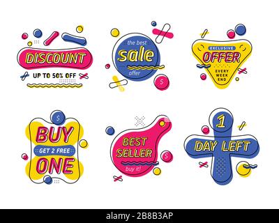 Set aus verschiedenen lebhaften, stilvollen Bannern mit verschiedenen geometrischen Formen und verschiedenen Angeboten Stock Vektor