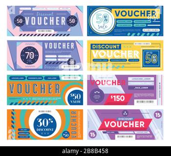 Verschiedene bunte Geschenkgutscheine mit verschiedenen Rabatten und Werten Stock Vektor