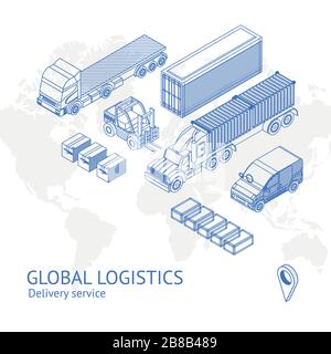 Entwurf isometrischer LKWs und Pkws für globales Logistikkonzept vor weißer Kulisse Stock Vektor
