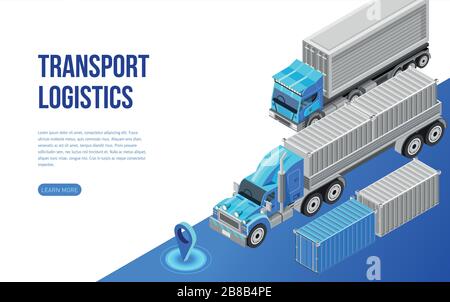 Isometrische Vektordarstellung von Frachtfahrzeugen und Containern in der Nähe der Beschreibung für die Webseite Stock Vektor
