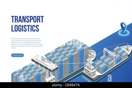 Zwei isometrische Frachtschiffe, die mit Frachtcontainern in der Nähe der Beschreibung für die Webseite geladen sind Stock Vektor