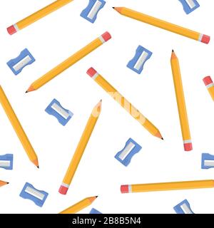 Nahtloses Muster mit Bleistiften und blauen Schärfen, isoliert auf weißem Hintergrund. Cartoon-Stil. Vektorgrafiken für Design, Web, Wickelpapier, fa Stock Vektor