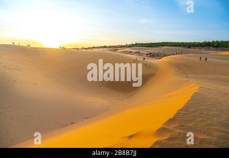 Ausländische Touristen erleben den hohen goldenen Sandhügel, um den Sonnenuntergang über der Wüste im Sommer in Mui Ne, Vietnam, zu beobachten Stockfoto