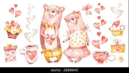 Niedliches Familienpaar umarmt Bären. Aquarell Kindergarten Cartoon Liebe romantische Tiere tragen, Herzen, Geschenke. Entzückende Liebe Familie Set Stock Vektor