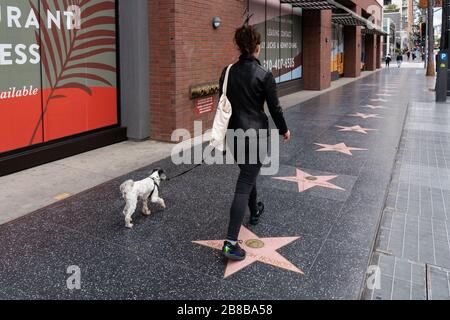 Los Angeles, USA. März 2020. Das am 20. März 2020 aufgenommene Foto zeigt den Hollywood Walk of Fame in Los Angeles, Kalifornien, den Vereinigten Staaten. Der Gouverneur von Kalifornien, Gavin Newsom, kündigte am Donnerstagabend eine landesweite Anordnung für den bevölkerungsreichsten US-Staat als Reaktion auf die schnelle Verbreitung von COVID-19 an. Der Reglerbefehl trat sofort in Kraft und ist bis auf weiteres in Kraft. Credit: Qian Weizhong/Xinhua/Alamy Live News Stockfoto