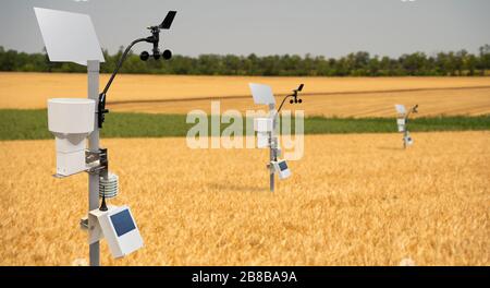 Wetterstation auf einem Weizenfeld. Präzisionsgeräte für die Landwirtschaft Stockfoto