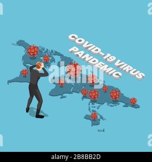 Flacher, isometrischer Geschäftsmann mit COVID-19-Virus auf der Weltkarte. COVID-19-Konzept zur Viren-Pandemie. Stock Vektor