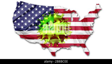 Covid-19 Outbreak Coronavirus, 2019-nCoV, Viruszelle über American Flag Map. Covid 19-NCP-Virus: Ansteckung und Ausbreitung der Krankheit in einem Stockfoto