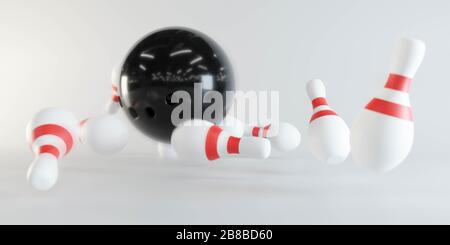 3d Darstellung eines Bowlingballs, der in Stifte stürzt. Extreme Perspektive, Schärfentiefe fokussieren auf den Ball. Weißer Hintergrund Stockfoto