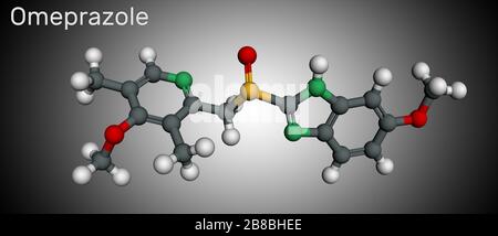 Omeprazol, C17H19N3O3S-Molekül. Es wird zur Behandlung von Magensäurestörungen, einer peptischen Ulzererkrankung, einer gastroösophagealen Refluxerkrankung GERD verwendet. Mole Stockfoto