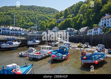 Blick auf Lynmouth Harbour mit Blick auf Lynmouth und Wester Wood an der Küste von Nord-Devon im Exmoor-Nationalpark, England, Großbritannien Stockfoto