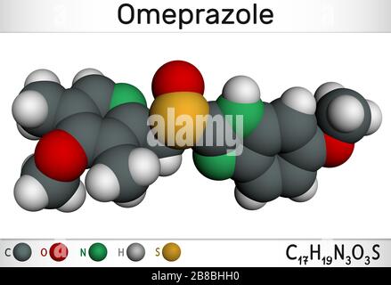 Omeprazol, C17H19N3O3S-Molekül. Es wird zur Behandlung von Magensäurestörungen, einer peptischen Ulzererkrankung, einer gastroösophagealen Refluxerkrankung GERD verwendet. Mole Stockfoto