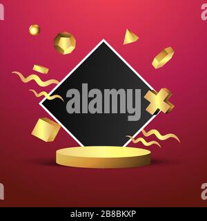 Goldene Metallbühne mit schwebenden geometrischen Formen und runder Plattform, realistischer minimaler Hintergrund, 3D-Luxus-Rahmenszene für Produktpräsentation Stock Vektor