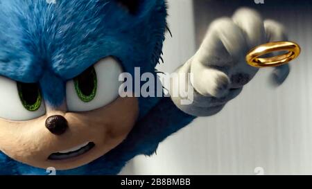 Sonic the Hedgehog (2019) unter der Regie von Jeff Fowler und mit Jim Carrey, James Marsden und Neal McDonough in den Hauptrollen. Großbildschirm-Outing für Segas geliebte Videospielfiguren; kann Sonic den Fängen von Dr. Robotnik entkommen? Stockfoto