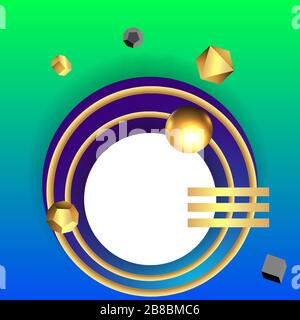 Goldener Metallrahmen mit schwebenden geometrischen Formen, realistischer minimaler Hintergrund, 3D-Luxusszene in tiefem Ozeanblau für Produktpräsentation Stock Vektor