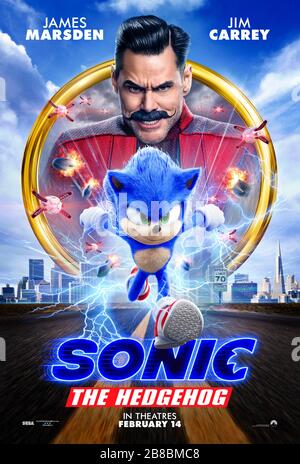 Sonic the Hedgehog (2019) unter der Regie von Jeff Fowler und mit Jim Carrey, James Marsden und Neal McDonough in den Hauptrollen. Großbildschirm-Outing für Segas geliebte Videospielfiguren; kann Sonic den Fängen von Dr. Robotnik entkommen? Stockfoto