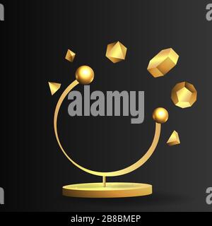 Goldener Metallrahmen mit schwebenden geometrischen Formen, realistischer minimaler Hintergrund, 3D-Luxusszene in tiefem Ozeanblau für Produktpräsentation Stock Vektor