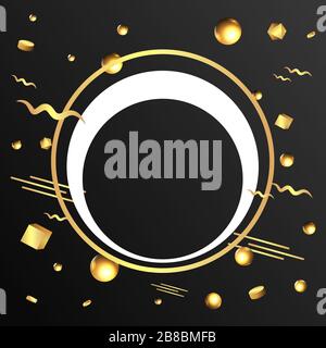 Goldener Metallrahmen mit schwebenden geometrischen Formen, realistischer minimaler Hintergrund, 3D-Luxusszene auf Schwarz für Produktpräsentation oder Mockup Stock Vektor