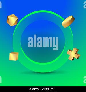 Goldener Metallrahmen mit schwebenden geometrischen Formen, realistischer minimaler Hintergrund, 3D-Luxusszene in tiefem Ozeanblau für Produktpräsentation Stock Vektor