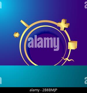 Goldener Metallrahmen mit schwebenden geometrischen Formen, realistischer minimaler Hintergrund, 3D-Luxusszene in tiefem Ozeanblau für Produktpräsentation Stock Vektor