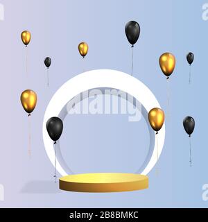 Goldene Metallbühne mit fliegenden Luftballons, runde Plattform, realistischer minimaler Hintergrund, 3D-Luxusszene auf purplefor Produktpräsentation oder Mockup Stock Vektor