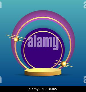 Goldene metallische Bühne mit schwebenden geometrischen Formen, runde Plattform, realistischer minimaler Hintergrund, 3D-Luxus-Szene mit runder lila Rahmen für Produkt-pr Stock Vektor