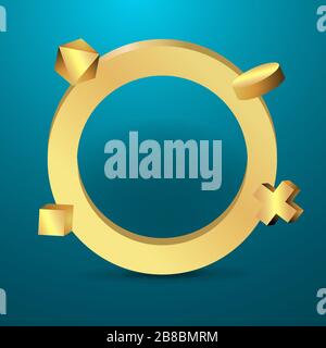 Goldener Metallrahmen mit schwebenden geometrischen Formen, realistischer minimaler Hintergrund, 3D-Luxusszene in tiefem Ozeanblau für Produktpräsentation Stock Vektor