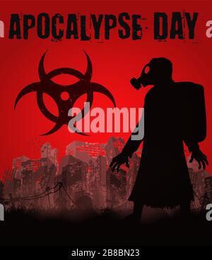 Apokalypse-Tag mit Gasmaske in der zerstörten Stadt Stock Vektor