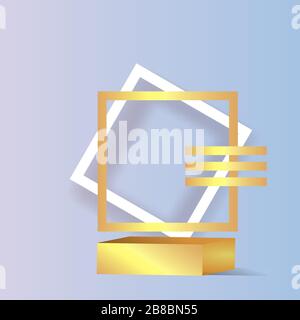 Goldener Metallrahmen mit schwebenden geometrischen Formen, runde Plattform, realistischer minimaler Hintergrund, 3D-Luxusszene für Produktpräsentation oder Mocku Stock Vektor