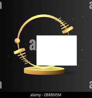 Goldene Metallbühne mit schwebenden geometrischen Formen, runde Plattform, realistischer minimaler Hintergrund, 3D-Luxusszene auf Schwarz für Produktpräsentation Stock Vektor