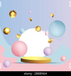 Goldene Metallbühne mit schwebenden geometrischen Formen, runde Plattform, realistischer minimaler Hintergrund, 3D-Luxusszene in Rosa und Baby-Blau für das Produkt Stock Vektor