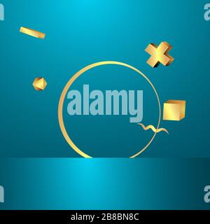 Goldener Metallrahmen mit schwebenden geometrischen Formen, realistischer minimaler Hintergrund, 3D-Luxusszene in tiefem Ozeanblau für Produktpräsentation Stock Vektor