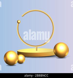 Goldene Metallbühne mit schwebenden geometrischen Formen, runde Plattform, realistischer minimaler Hintergrund, 3D-Luxusszene in Rosa und Baby-Blau für das Produkt Stock Vektor