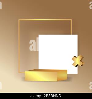 Goldener Metallrahmen mit schwebenden geometrischen Formen, runde Plattform, realistischer minimaler Hintergrund, 3D-Luxusszene für Produktpräsentation oder Mocku Stock Vektor