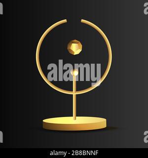 Goldener Metallrahmen mit schwebenden geometrischen Formen, runde Plattform, realistischer minimaler Hintergrund, 3D-Luxusszene für Produktpräsentation oder Mocku Stock Vektor