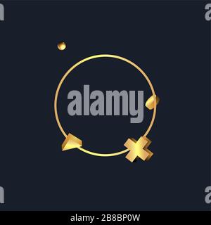 Goldener Metallrahmen mit schwebenden geometrischen Formen, realistischer minimaler Hintergrund, 3D-Luxusszene in tiefem Ozeanblau für Produktpräsentation Stock Vektor