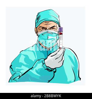 Arzt prüft einen positiven Coronavirus-Reagenzglas - Vektorgrafiken Stock Vektor