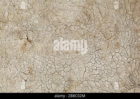 Getrockneter und gerissener Boden. Risse auf der Erdoberfläche. Wüste, trocken, Natur, Boden, Struktur, Schlamm, arid, zerbrochen, Ton, Klima, Nahaufnahme, Schmutz Stockfoto