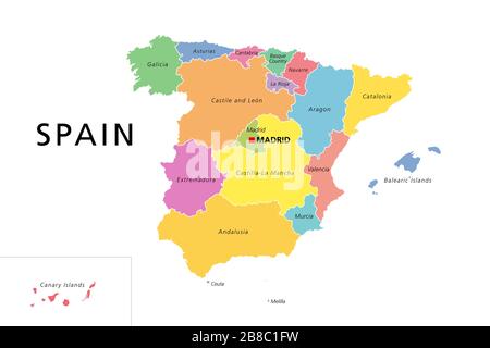 Spanien politische Karte mit farbigen administrativen Unterteilungen. Königreich Spanien mit der Hauptstadt Madrid und den Autonomen Gemeinschaften. Englische Kennzeichnung. Stockfoto