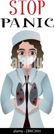 Beenden Sie Panik. Coronavirus. Der Arzt hält sich in den Händen der Lunge. Epidemie, Pandemie. Medizinisches Poster. Krankheitsprävention Stock Vektor