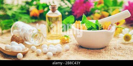 Homöopathie. Kräuterextrakte in kleinen Flaschen. Selektive konzentrieren. Natur. Stockfoto