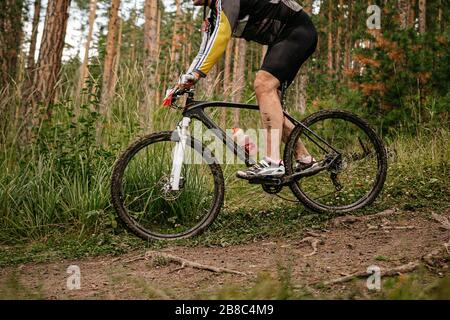 Seitenansicht des männlichen Radfahrers vom Bergwaldweg Stockfoto