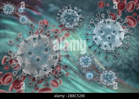 COVID-19 Coronavirus im menschlichen Tod. Mikroskopvirus Nahaufnahme 3D-Konzepthintergrund Stockfoto