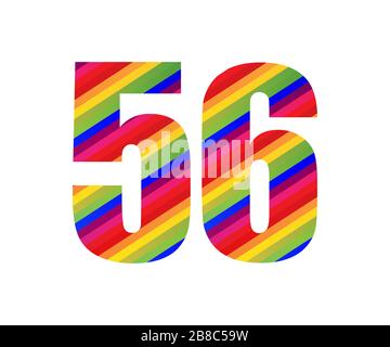 56 Nummer Rainbow Style Ziffer. Farbenfrohes, sechszahliger Vektorgrafik-Design, isoliert auf weißem Hintergrund. Stockfoto