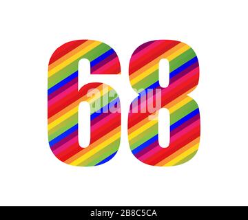 Nummer 68 Rainbow Style Ziffer. Farbenfrohes Design mit Vektorgrafiken, isoliert auf weißem Hintergrund. Stockfoto