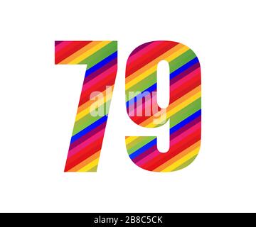 79 Nummer Regenbogenstil Ziffer. Farbenfrohes Design mit neun Nummern und Vektorgrafiken, isoliert auf weißem Hintergrund. Stockfoto