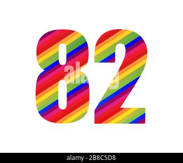 82 Nummer Regenbogenstil Ziffer. Farbenfrohes, zweizahliger Vektorgrafik-Design, isoliert auf weißem Hintergrund. Stockfoto