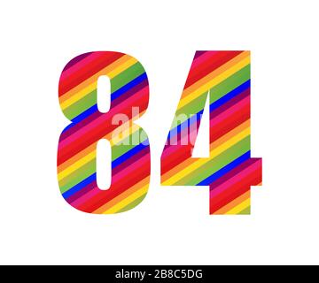 84 Zahl Regenbogenstil Ziffer. Farbenfrohes vierzigzahliger Vektor-Illustrationsdesign isoliert auf weißem Hintergrund. Stockfoto